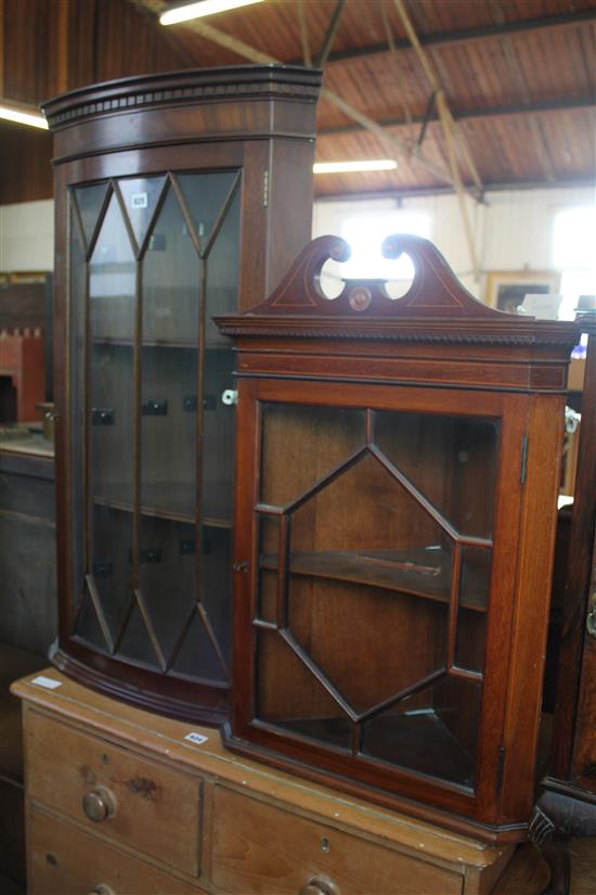 Edwardian inlaid mahogany hanging corner cupboard & a similar reproduction cupboard